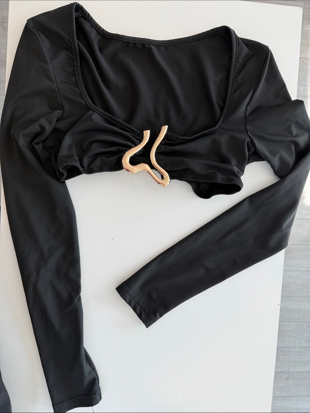 Black Long-Sleeve Crop Top with Gold Accent